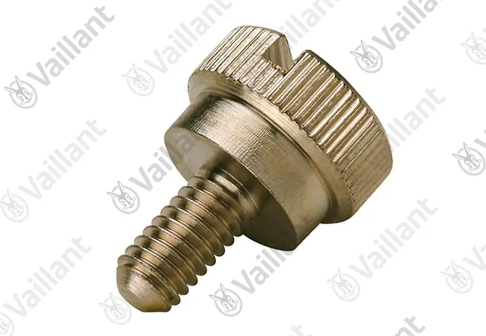Vaillant-Schraube mit gezahntem Kopf und Gewinde. Das Bild zeigt eine metallische Schraube, die in verschiedenen Heizungsmodellen verwendet werden kann.